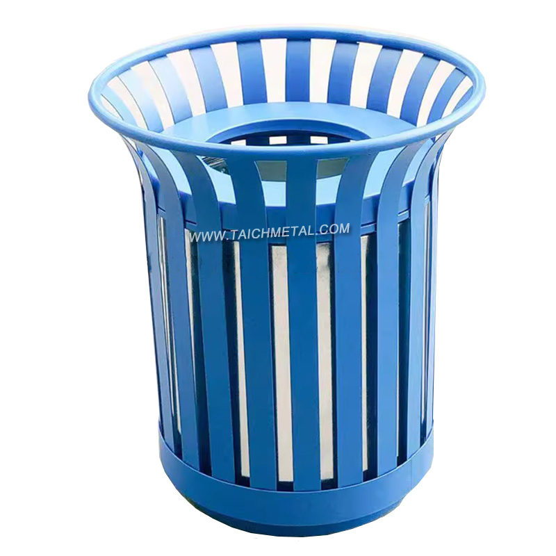 Metal lidless garbage can